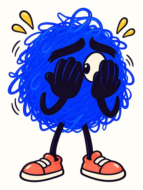 Scrib, hands over its eyes so it can't see the story. One eye is peeking anyway.