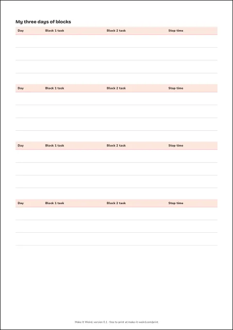 A preview of the My three days of blocks sheet